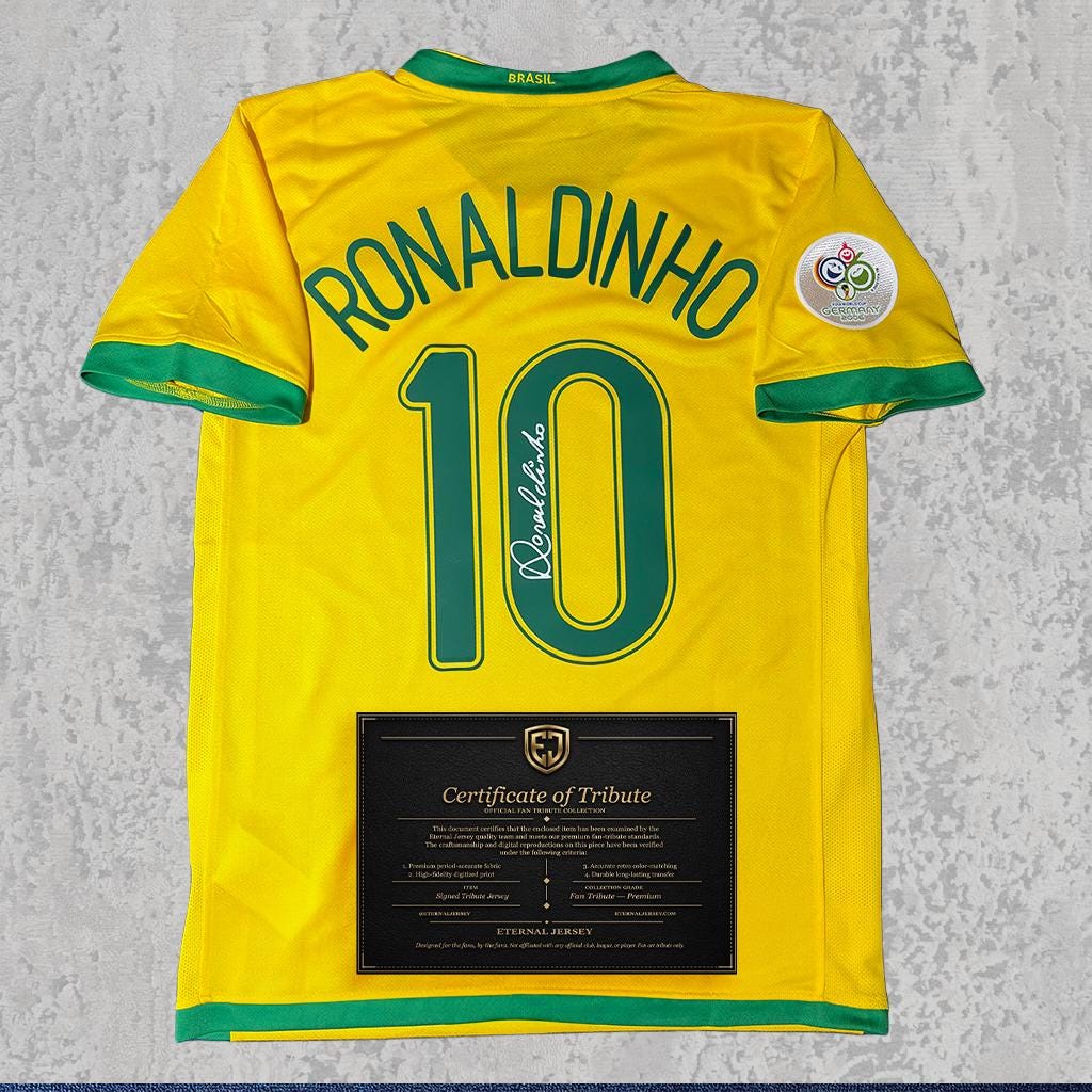 Ronaldinho 2006 Signed Tribute Jersey | Samba Yellow Brazil Kit — printed signature tribute football shirt
