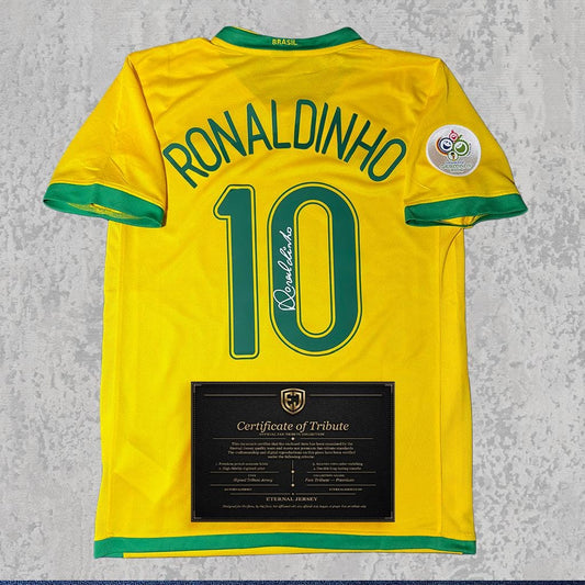 Ronaldinho 2006 Signed Tribute Jersey | Samba Yellow Brazil Kit — printed signature tribute football shirt