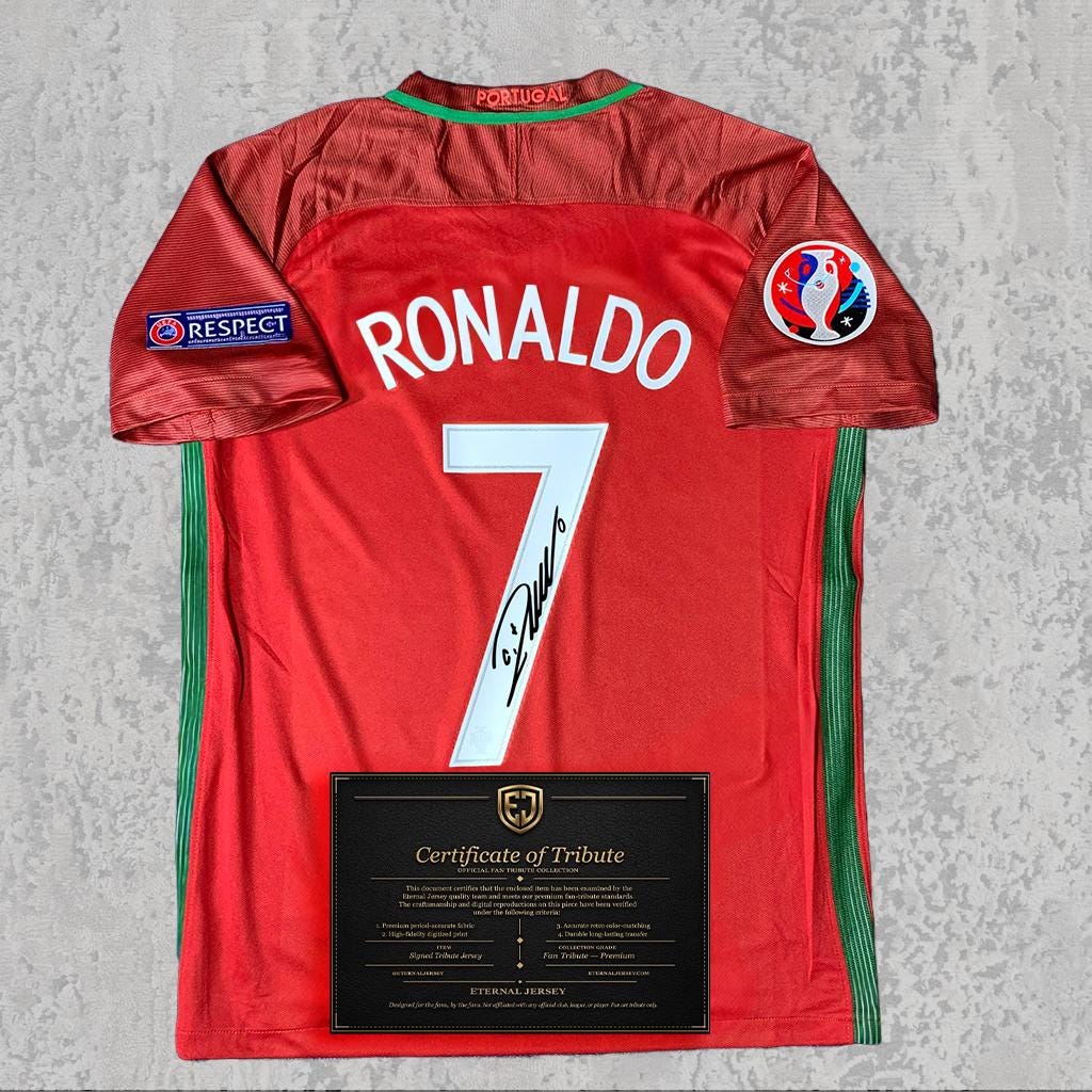 Cristiano Ronaldo 2016 Signed Tribute Jersey | Iberian Red Portugal Kit — printed signature tribute football shirt