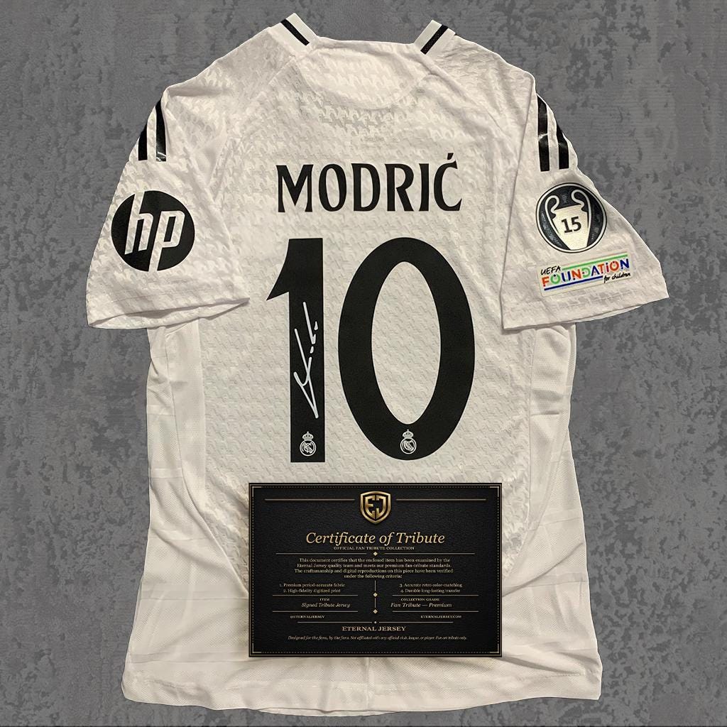 Luka Modrić 2024 Signed Tribute Jersey | Spanish White Crown Kit — printed signature tribute football shirt