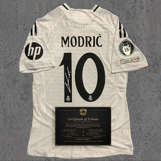 Luka Modrić 2024 Signed Tribute Jersey | Spanish White Crown Kit — printed signature tribute football shirt