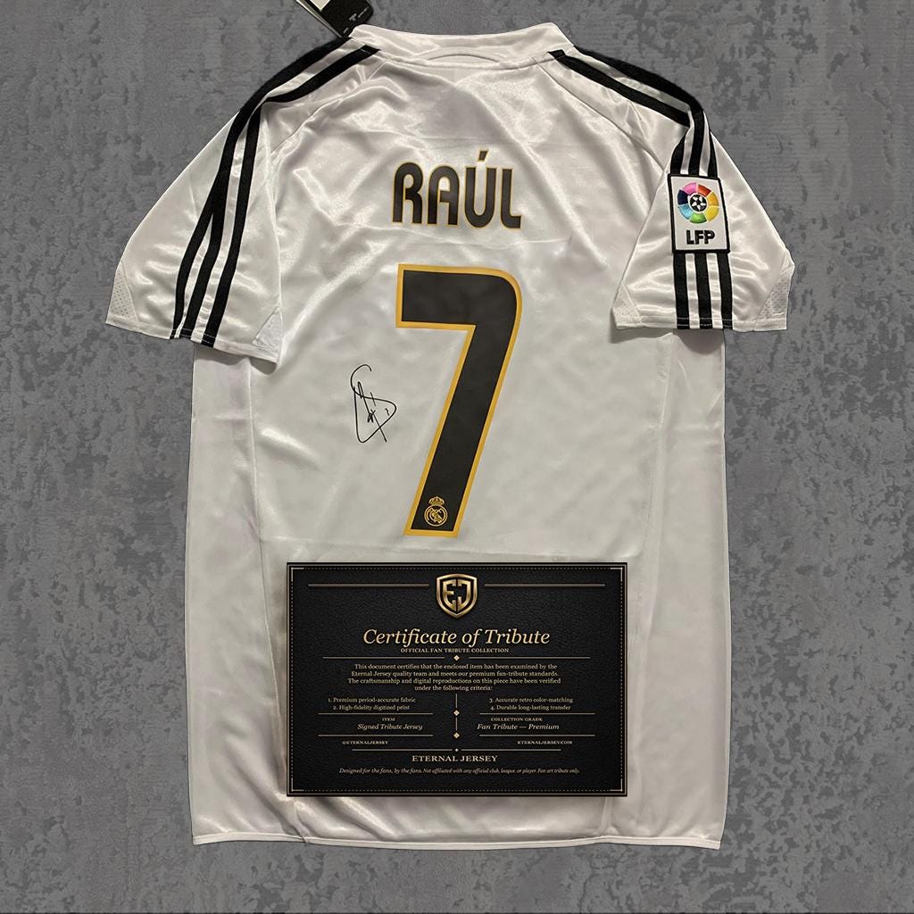 Raúl 2003 Signed Tribute Jersey | Spanish White Captain Kit — printed signature tribute football shirt
