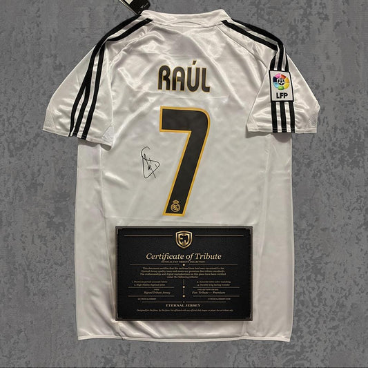 Raúl 2003 Signed Tribute Jersey | Spanish White Captain Kit — printed signature tribute football shirt