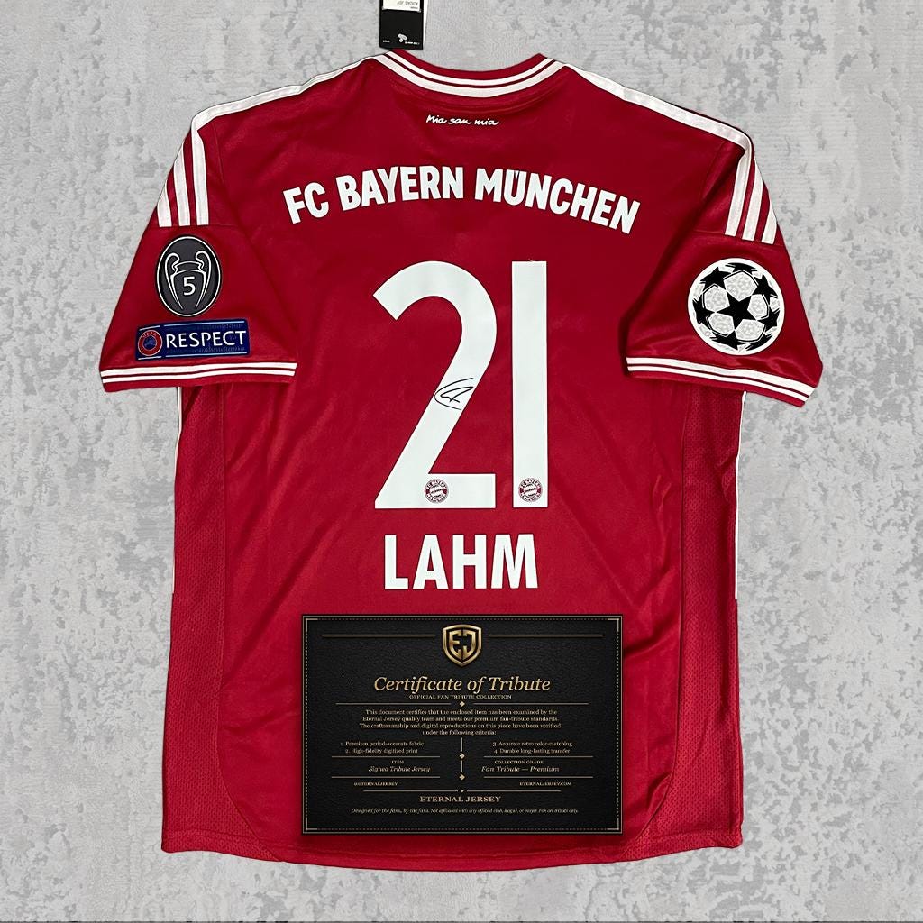 Philipp Lahm 2013 Signed Tribute Jersey | Bavarian Red White Kit — printed signature tribute football shirt