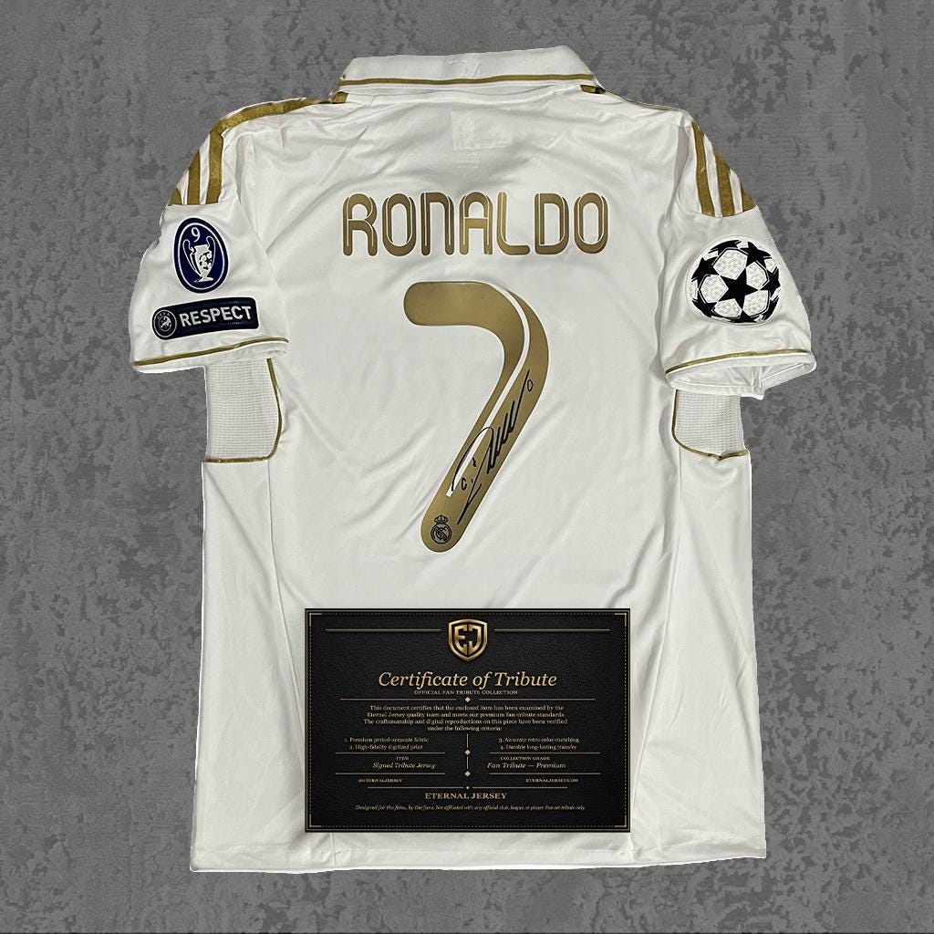 Cristiano Ronaldo 2012 Signed Tribute Jersey | Galactico White Gold Kit — printed signature tribute football shirt