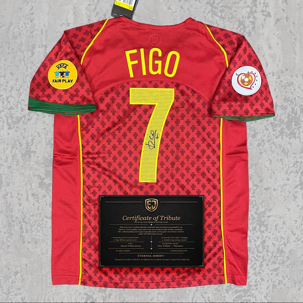 Luis Figo 2004 Signed Tribute Jersey | Portugal Red Yellow Kit — printed signature tribute football shirt