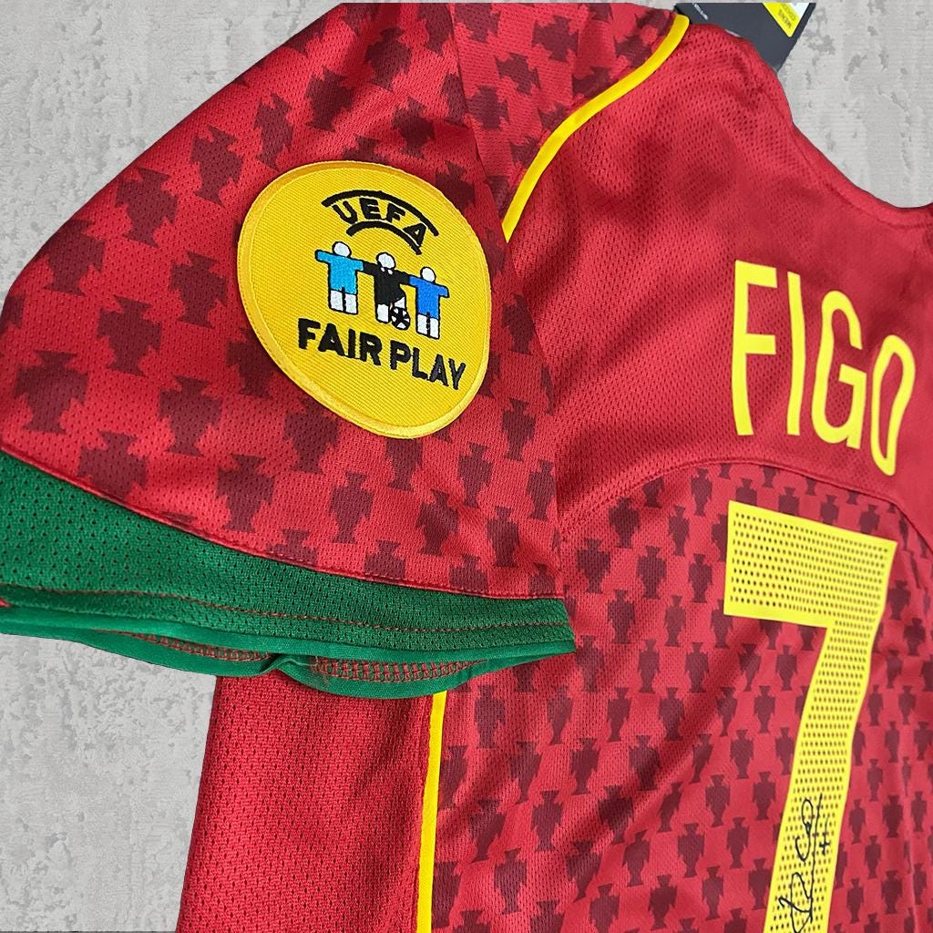 Luis Figo 2004 Portugal Red & Yellow Signature Tribute Jersey - Printed Signature Shirt image 3 - printed signature football gift