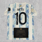 Lionel Messi 2021 Signed Tribute Jersey | Copa America Blue White Kit — printed signature tribute football shirt