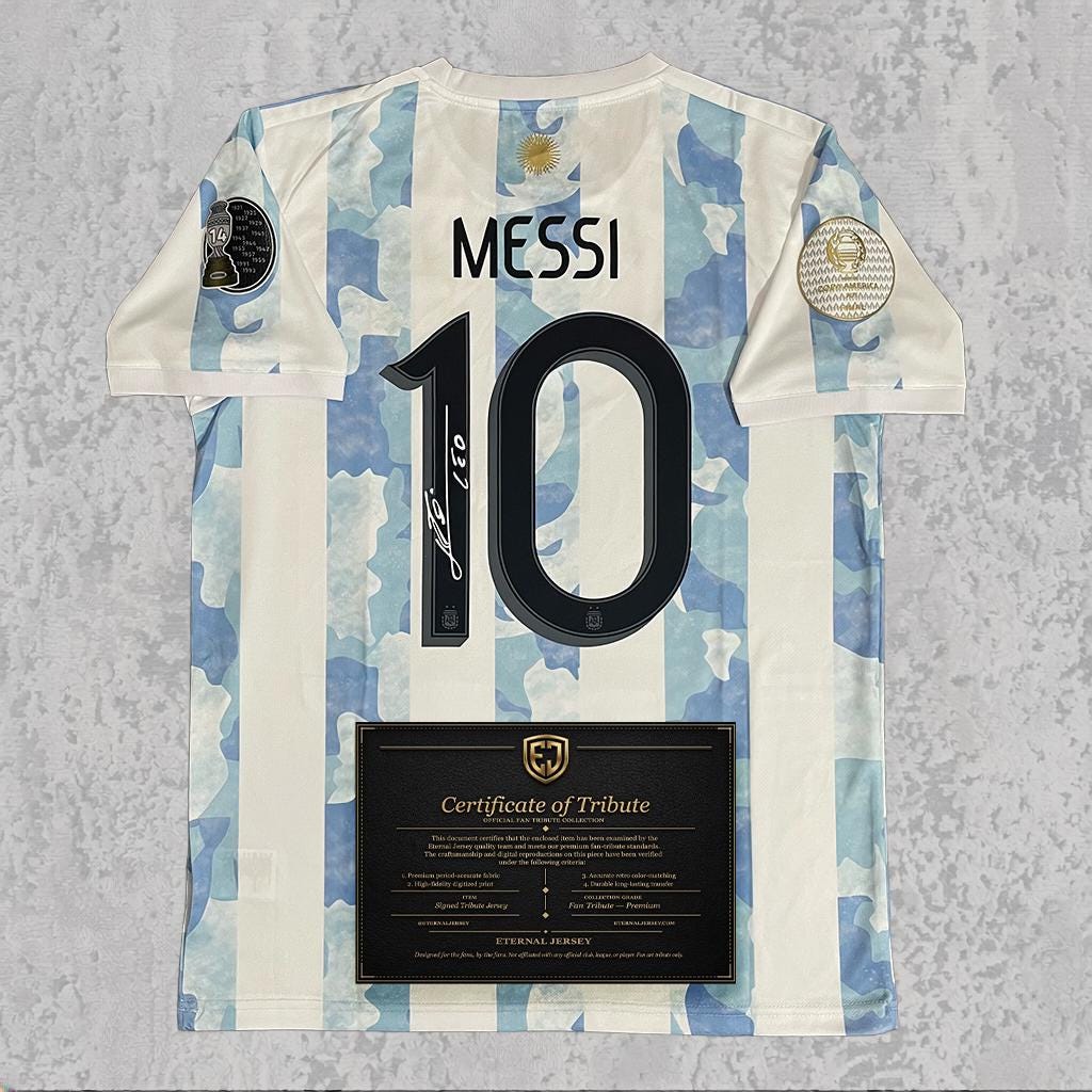 Lionel Messi 2021 Signed Tribute Jersey | Copa America Blue White Kit — printed signature tribute football shirt
