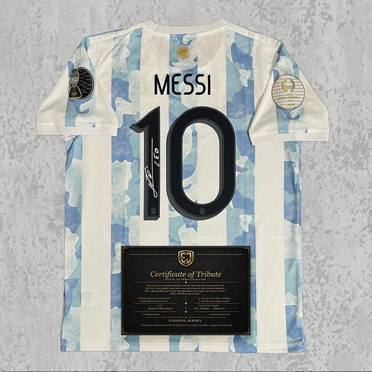 Lionel Messi 2021 Signed Tribute Jersey | Copa America Blue White Kit — printed signature tribute football shirt