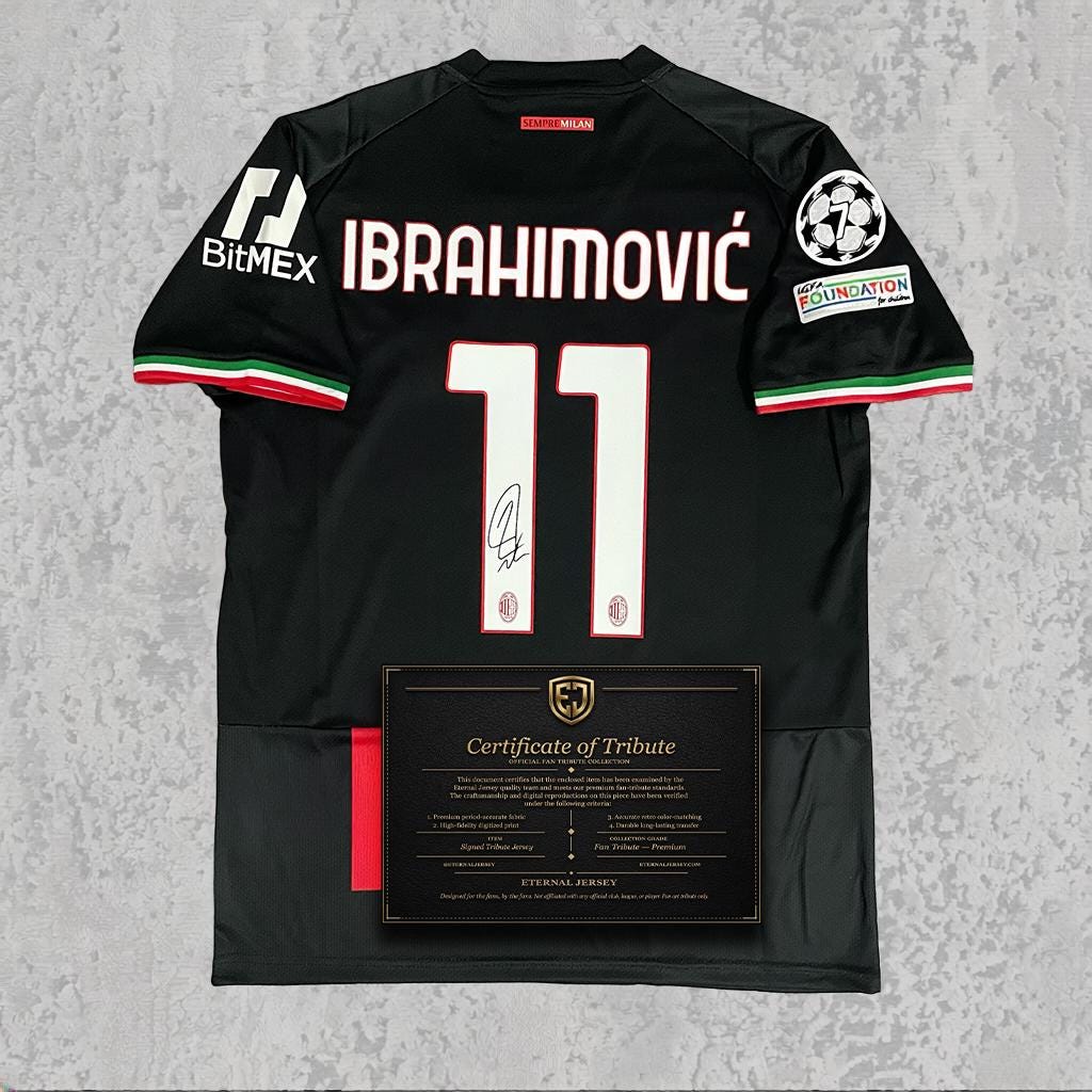 Zlatan Ibrahimovic Signed Tribute Jersey | Rossoneri Black Title Kit — printed signature tribute football shirt