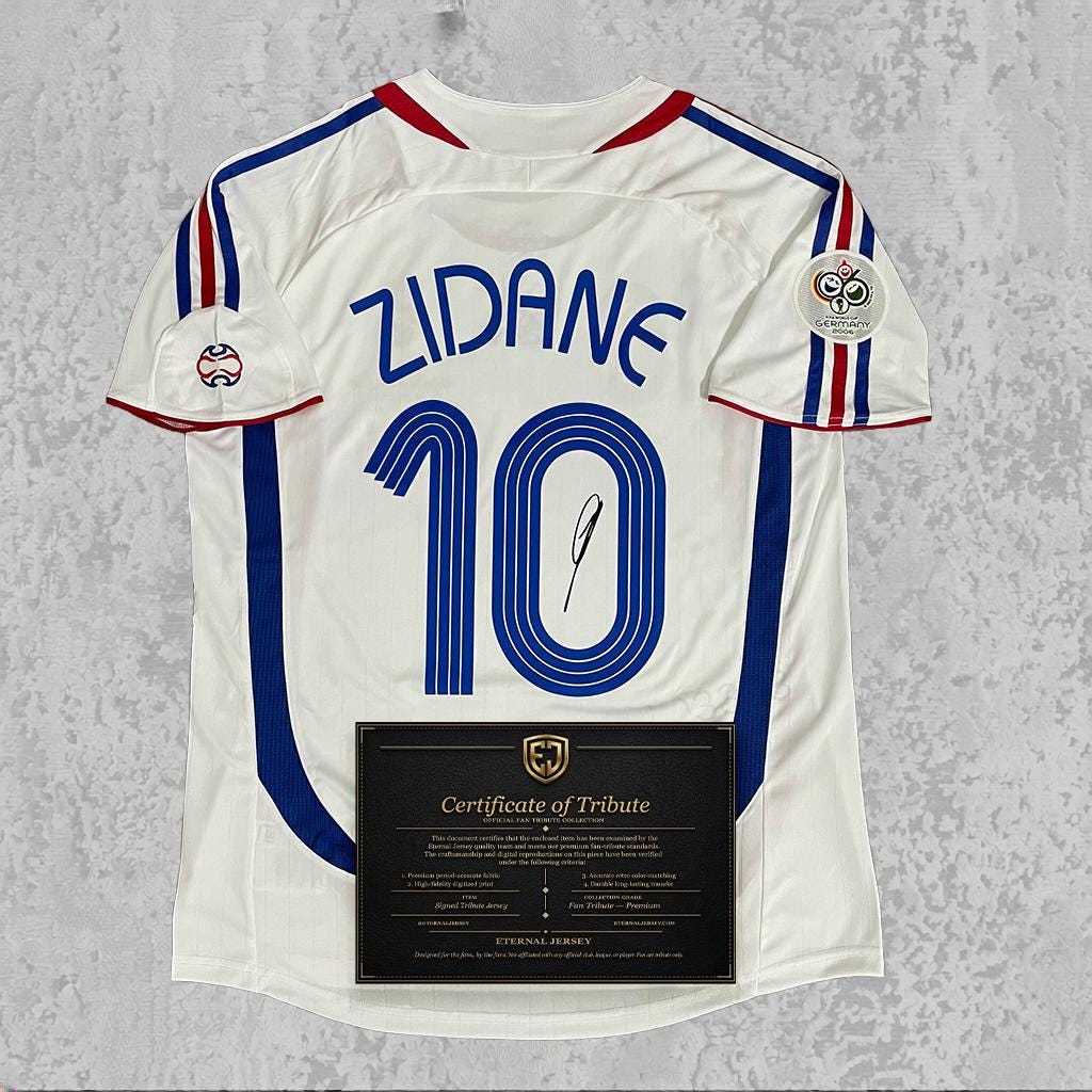 Zinedine Zidane 2006 Signed Tribute Jersey | Les Bleus White Kit — printed signature tribute football shirt
