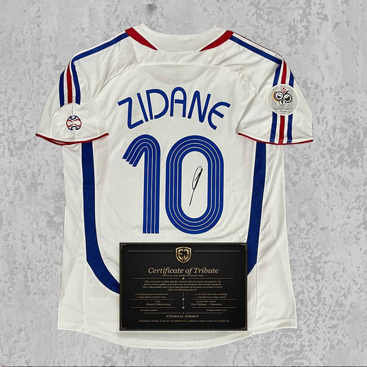 Zinedine Zidane 2006 Signed Tribute Jersey | Les Bleus White Kit — printed signature tribute football shirt