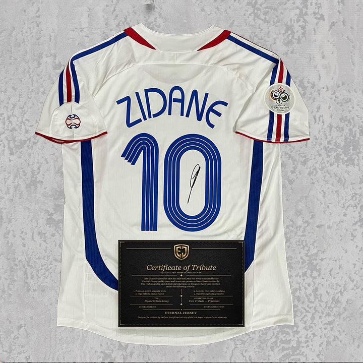 Zinedine Zidane 2006 Signed Tribute Jersey | Les Bleus White Kit — printed signature tribute football shirt