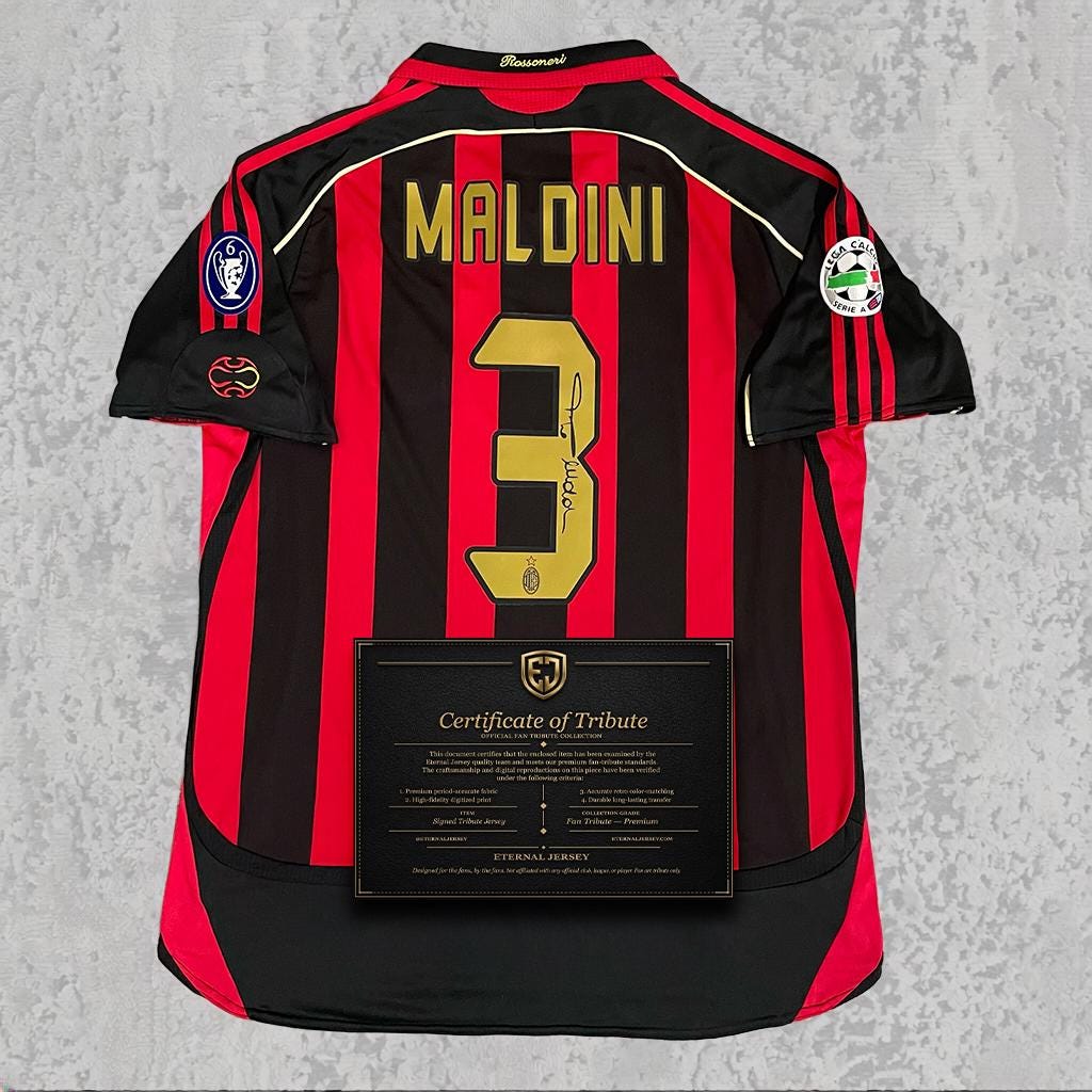 Paolo Maldini Signed Tribute Jersey | Red Black Gold Rossoneri Kit — printed signature tribute football shirt