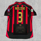 Paolo Maldini Signed Tribute Jersey | Red Black Gold Rossoneri Kit — printed signature tribute football shirt