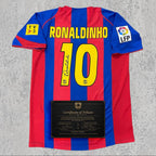 Ronaldinho 2005 Signed Tribute Jersey | Catalan Blue Red Stripe Kit — printed signature tribute football shirt