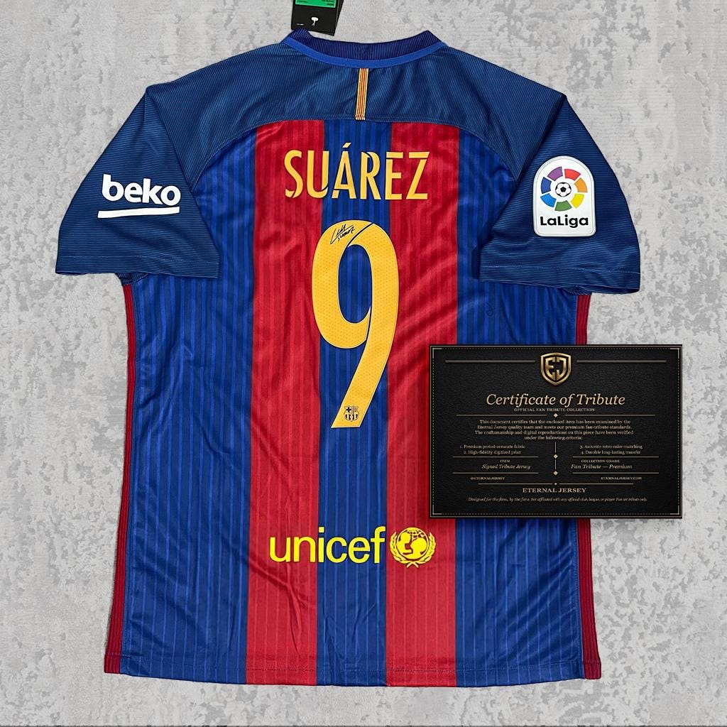 Luis Suárez Signed Tribute Jersey | Catalan Blue Red Stripe Kit — printed signature tribute football shirt