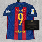 Luis Suárez Signed Tribute Jersey | Catalan Blue Red Stripe Kit — printed signature tribute football shirt