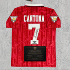 Eric Cantona 1993 Signed Tribute Jersey | Manchester Red Retro Kit — printed signature tribute football shirt