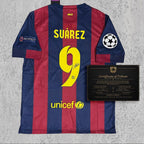 Luis Suárez 2015 Signed Tribute Jersey | Catalan Blue Red Stripe Kit — printed signature tribute football shirt