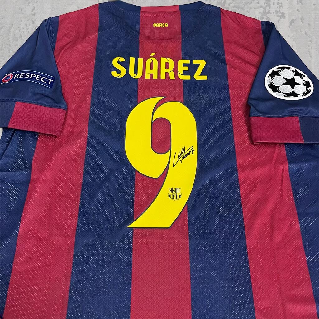 Luis Suárez 2015 Catalan Blue Red Stripe Signature Tribute Jersey - Printed Signature Shirt image 2 - printed signature football gift