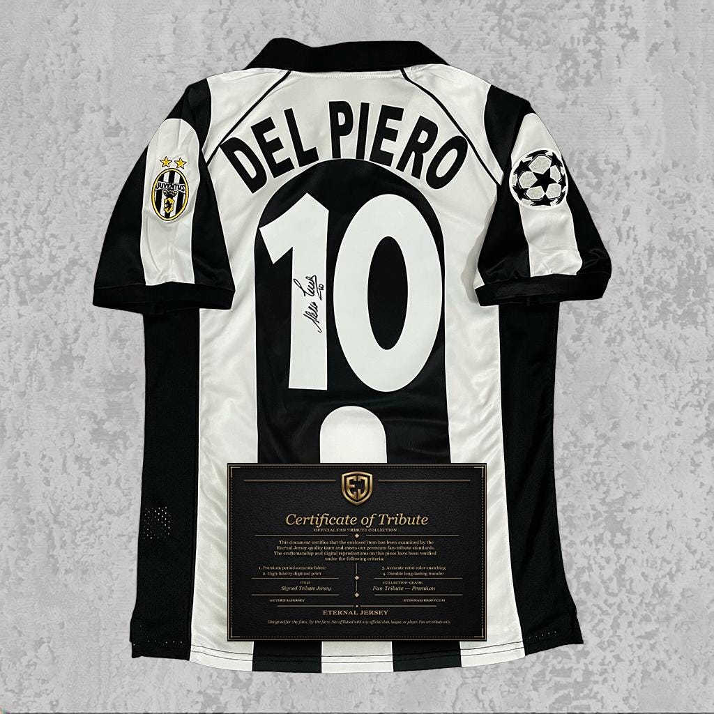 Alessandro Del Piero 1996 Signed Tribute Jersey | Turin Black White Kit — printed signature tribute football shirt