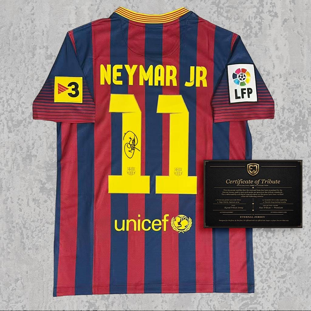 Neymar Jr 2014 Signed Tribute Jersey | Catalan Blue Red Stripe Kit — printed signature tribute football shirt