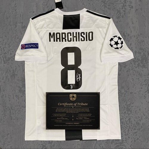 Claudio Marchisio 2018 Signed Tribute Jersey | Turin White Black Kit — printed signature tribute football shirt