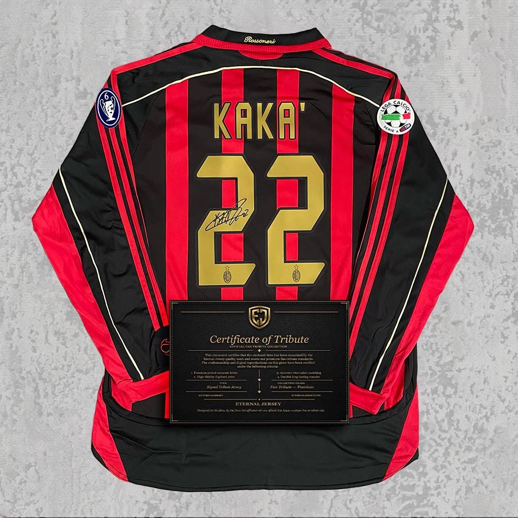 Kaká 2007 Signed Tribute Jersey | Rossoneri Black Red Gold Kit — printed signature tribute football shirt