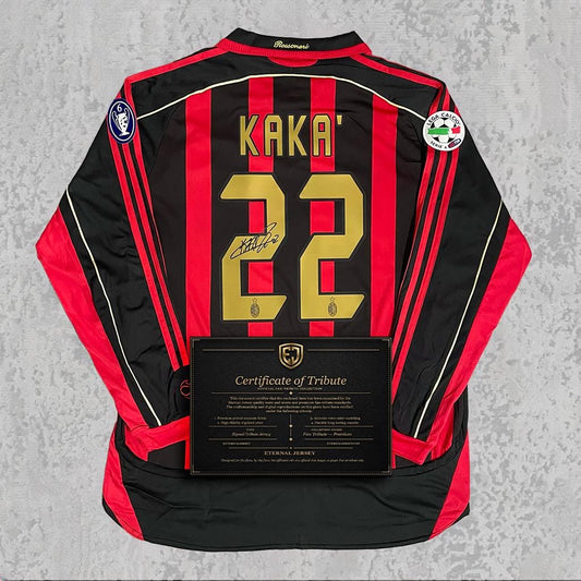 Kaká 2007 Signed Tribute Jersey | Rossoneri Black Red Gold Kit — printed signature tribute football shirt