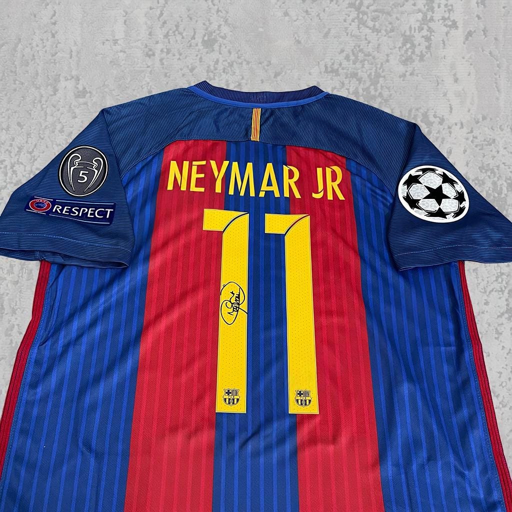Neymar Jr. 2017 Catalan Blue Red Stripe Signature Tribute Jersey - Printed Signature Shirt image 2 - printed signature football gift
