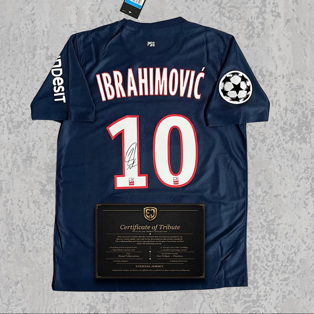 Zlatan Ibrahimovic 2013 Signed Tribute Jersey | Parisien Navy Kit — printed signature tribute football shirt