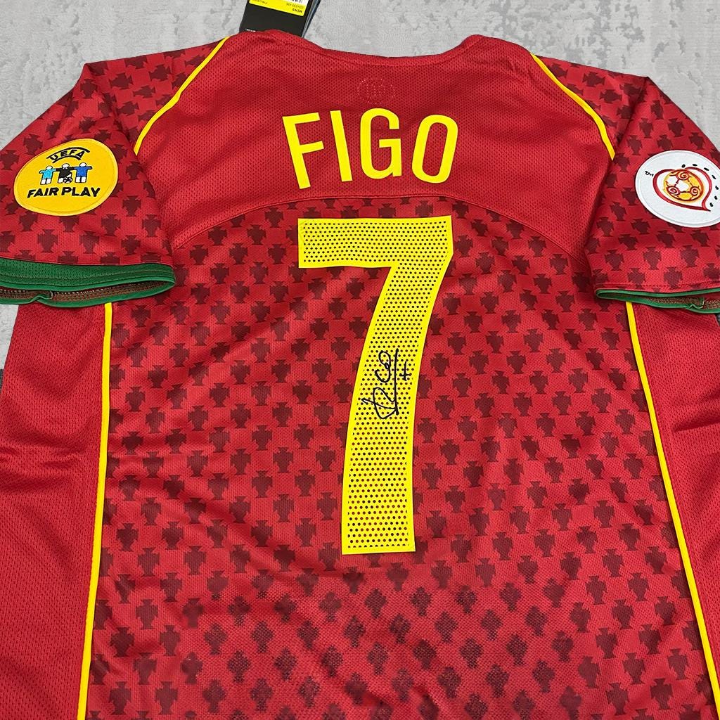 Luis Figo 2004 Portugal Red & Yellow Signature Tribute Jersey - Printed Signature Shirt image 2 - printed signature football gift