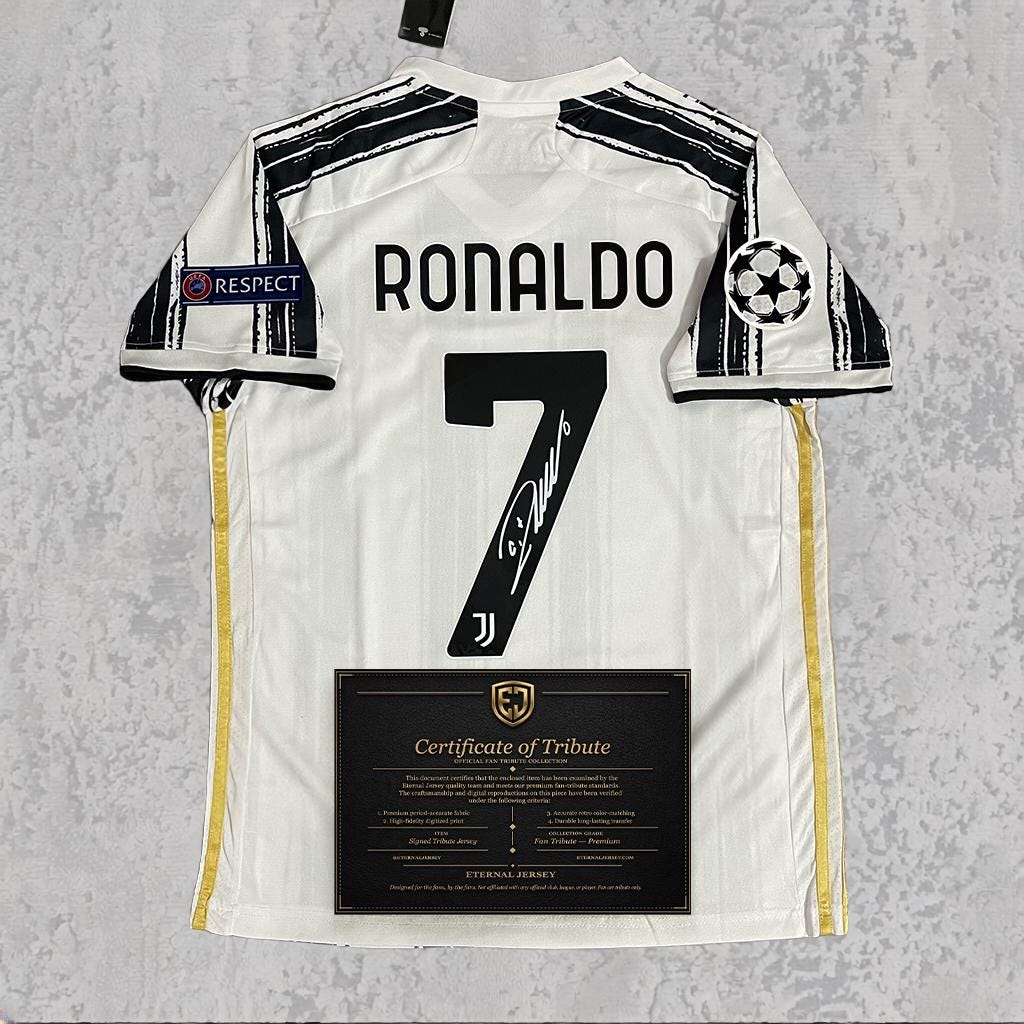 Cristiano Ronaldo 2021 Signed Tribute Jersey | Turin White Black Kit — printed signature tribute football shirt