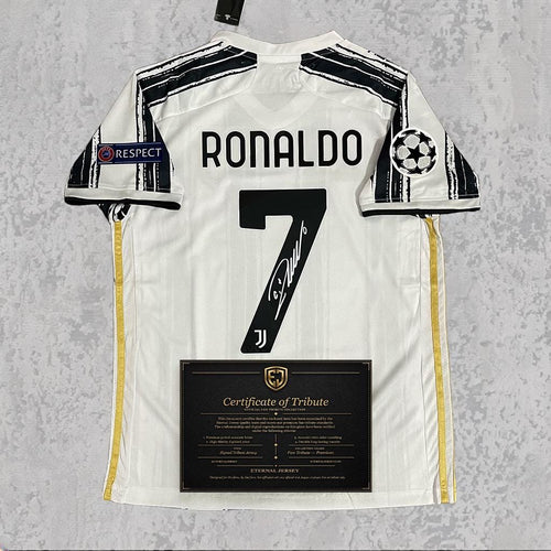 Cristiano Ronaldo 2021 Signed Tribute Jersey | Turin White Black Kit — printed signature tribute football shirt