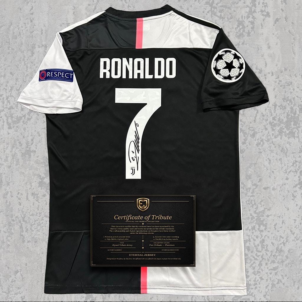 Cristiano Ronaldo Signed Tribute Jersey | Turin Black White Kit — printed signature tribute football shirt