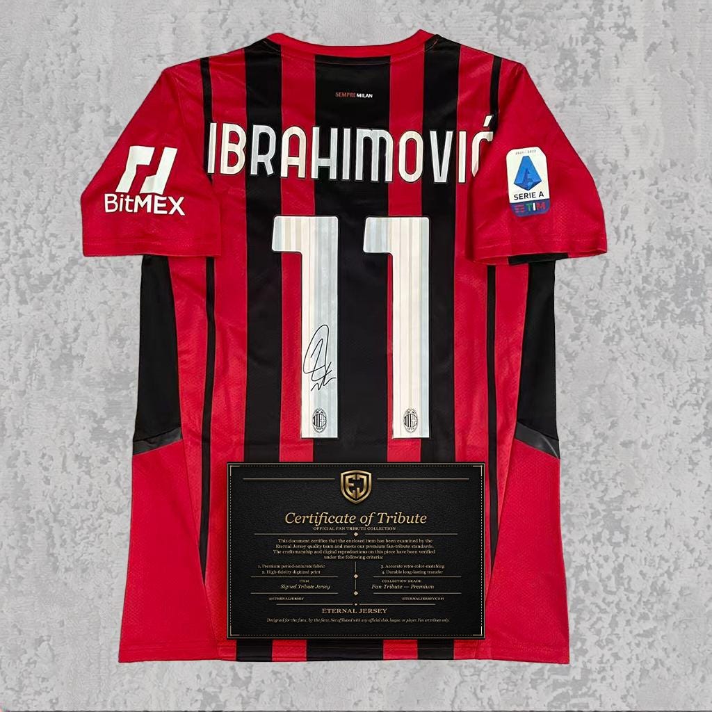 Zlatan Ibrahimovic 2022 Signed Tribute Jersey | Rossoneri Red Black Kit — printed signature tribute football shirt