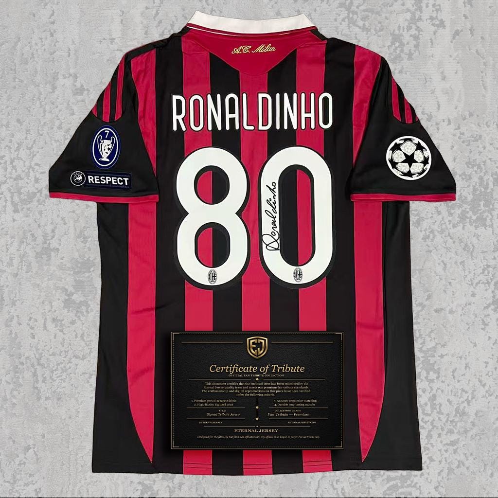 Ronaldinho Signed Tribute Jersey | Rossoneri Red Black Milan Kit — printed signature tribute football shirt