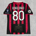 Ronaldinho Signed Tribute Jersey | Rossoneri Red Black Milan Kit — printed signature tribute football shirt