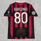 Ronaldinho Signed Tribute Jersey | Rossoneri Red Black Milan Kit — printed signature tribute football shirt