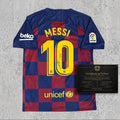 Lionel Messi Signed Tribute Jersey | Catalan Blue Red Checkered Kit — printed signature tribute football shirt