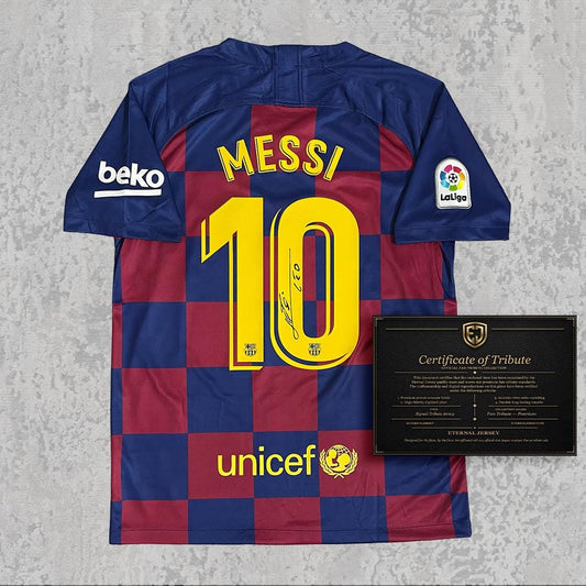Lionel Messi Signed Tribute Jersey | Catalan Blue Red Checkered Kit — printed signature tribute football shirt