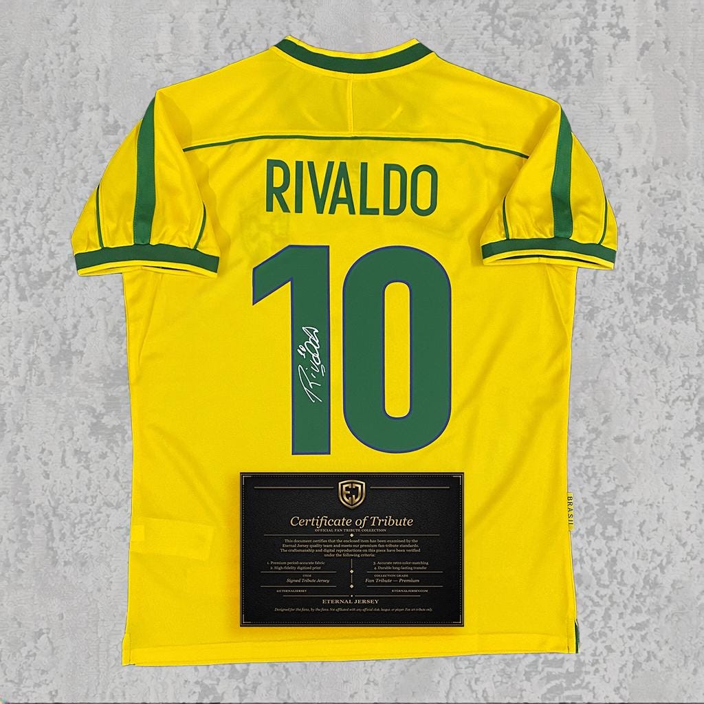 Rivaldo Signed Tribute Jersey | Canarinha Yellow Green Brazil Kit — printed signature tribute football shirt