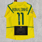 Ronaldinho 2002 Signed Tribute Jersey | Canarinha Yellow Green Kit — printed signature tribute football shirt