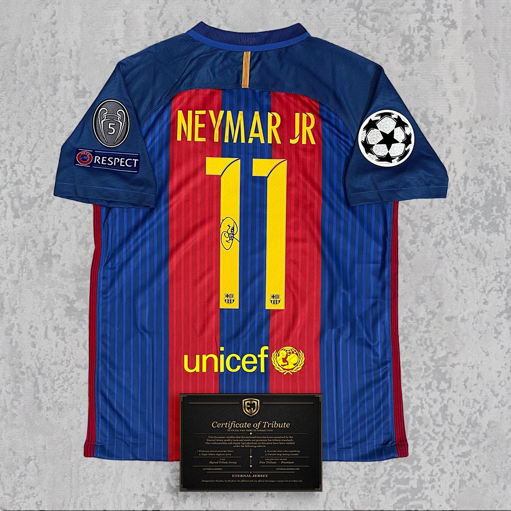 Neymar Jr 2017 Signed Tribute Jersey | Catalan Blue Red Stripe Kit — printed signature tribute football shirt