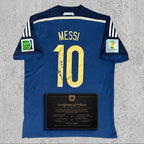 Lionel Messi 2014 Signed Tribute Jersey | Albiceleste Navy Blue Kit — printed signature tribute football shirt