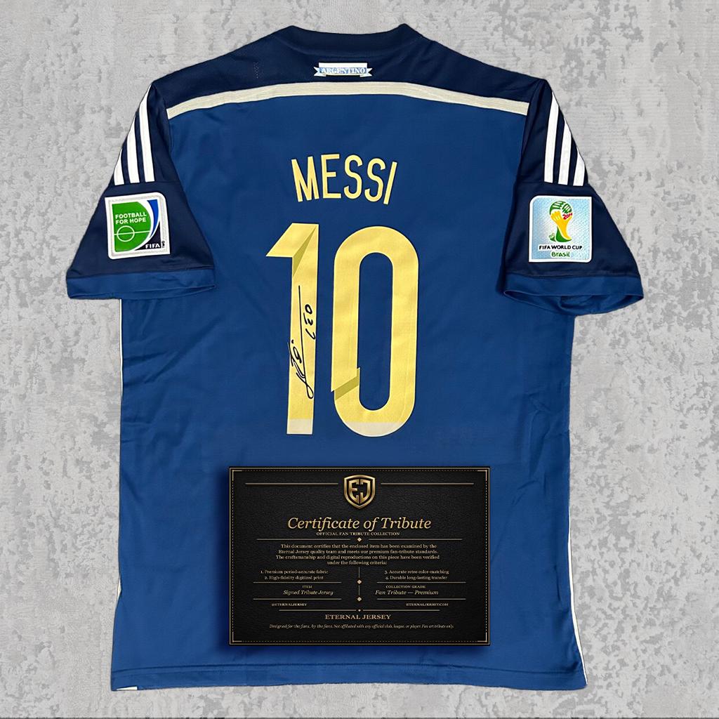 Lionel Messi 2014 Signed Tribute Jersey | Albiceleste Navy Blue Kit — printed signature tribute football shirt