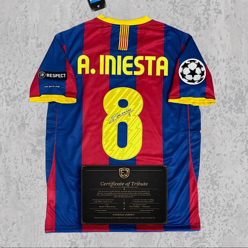 Andrés Iniesta 2011 Signed Tribute Jersey | Catalan Blue Red Kit — printed signature tribute football shirt
