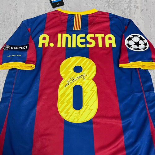 Andrés Iniesta 2011 Catalan Blue Red Stripe Signature Tribute Jersey - Printed Signature Shirt image 2 - printed signature football gift